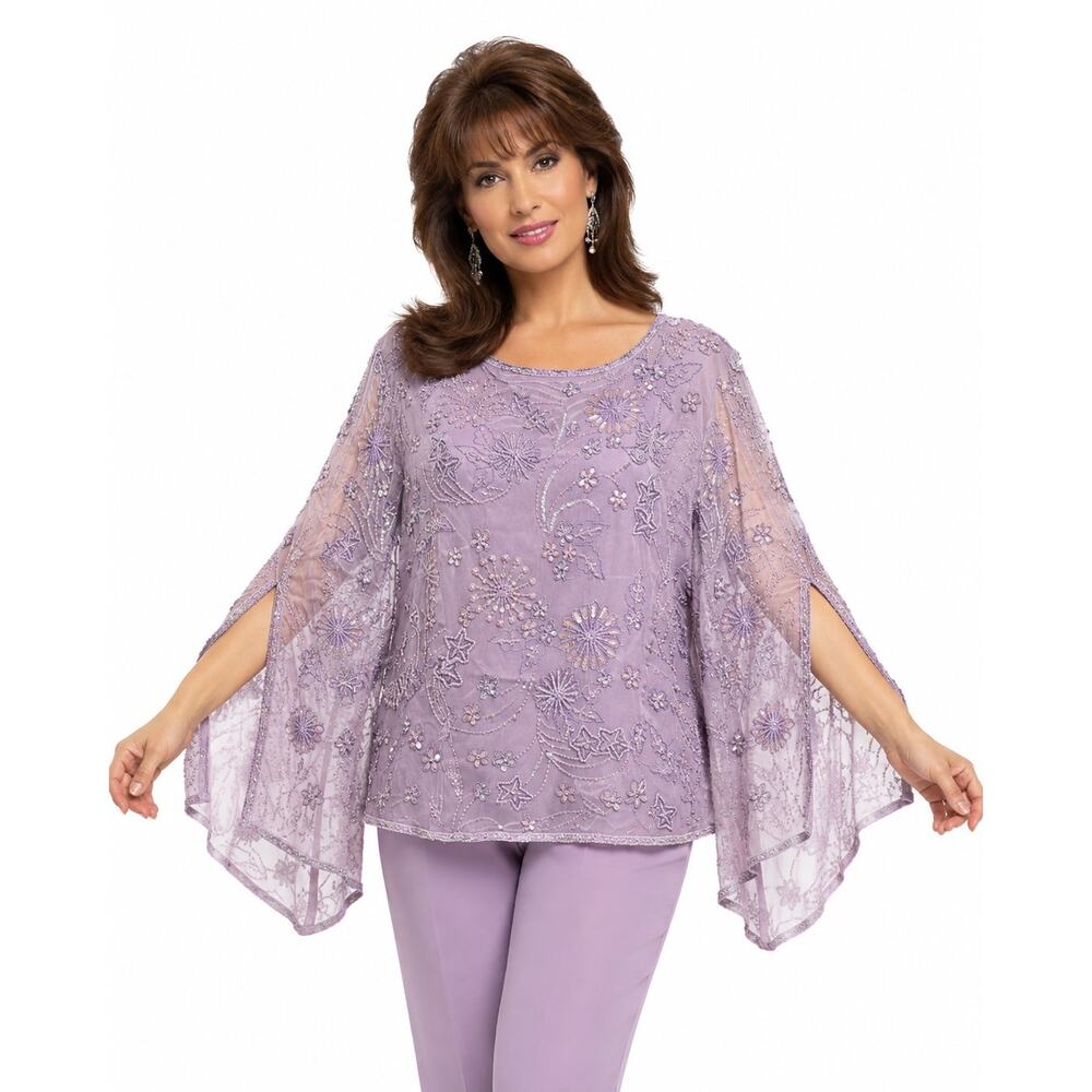Adrianna Papell 2000s Lavender Silk Beaded Sequin Poncho Blouse Plus Size 2X